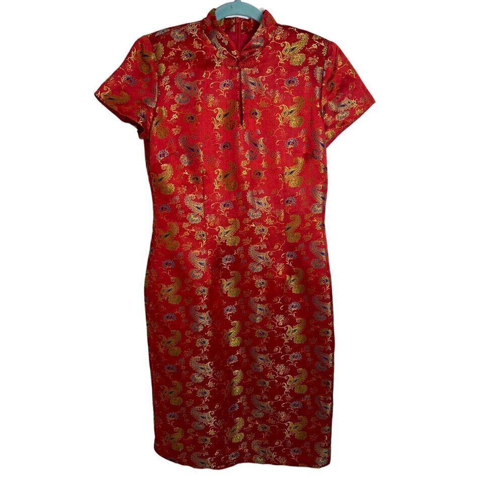David Warren Vintage 90s Womens Dress Size 10 Red Satin Paisley Print Zip